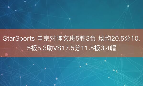 StarSports 申京对阵文班5胜3负 场均20.5分10.5板5.3助VS17.5分11.5板3.4帽