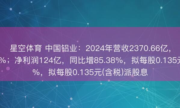 星空体育 中国铝业:2024年营收2370.66亿,同比增长5.21%;净利润124亿,同比增85.38%,拟每股0.135元(含税)派股息